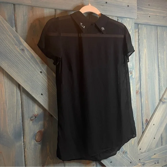 Reformation RARE F*ck Off Embroidered Collar Black Sheer Top - Picture 3 of 5